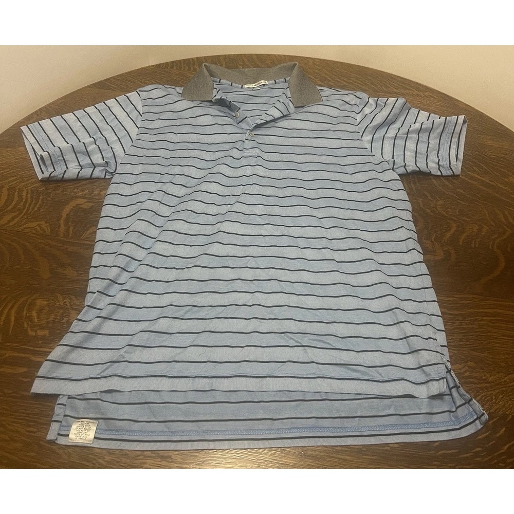 Peter Millar Mens L Blue Striped Cotton Golf Polo Shirt Short Sleeve